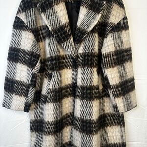 Beautiful Baggy style Nine West Plaid Wool Blend Coat Jacket Black Cream XL